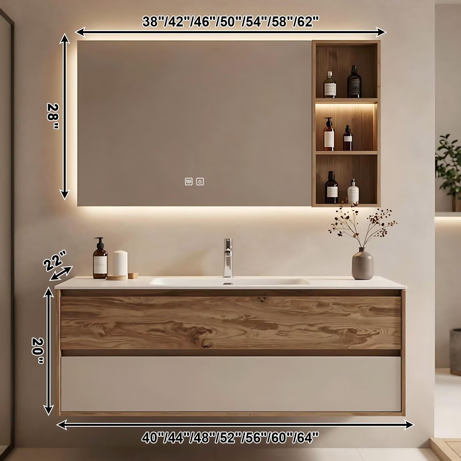 40”-64”Floating Bathroom Vanity with LED Backlit Mirror & Open Shelf, Walnut Wood Wall Mounted Vanity with White Top