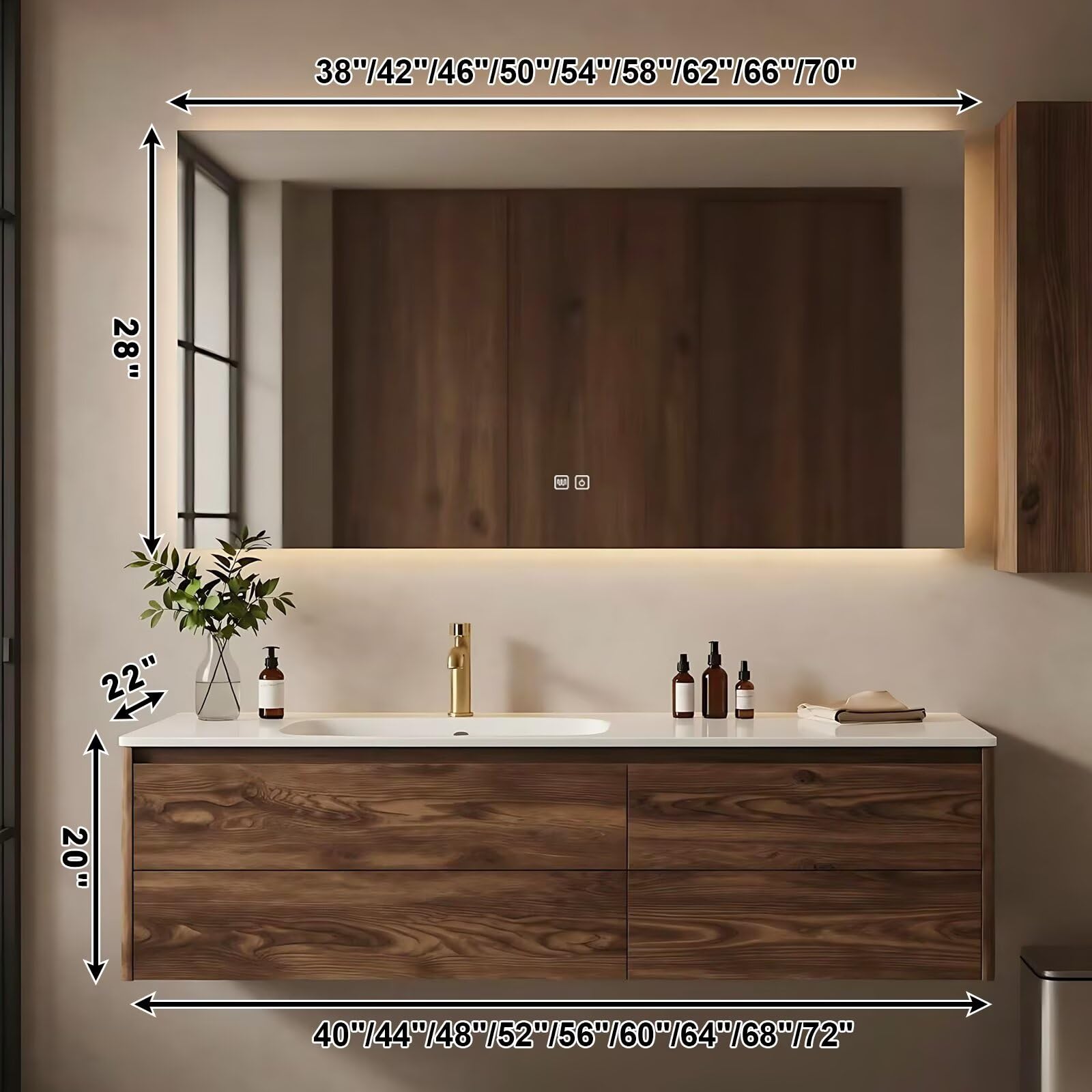 40”-72”Floating Bathroom Vanity with Sink & LED Defog Mirror, Wall Mounted Walnut Wood Vanity with Storage Drawers, Modern Bathroom Cabinet