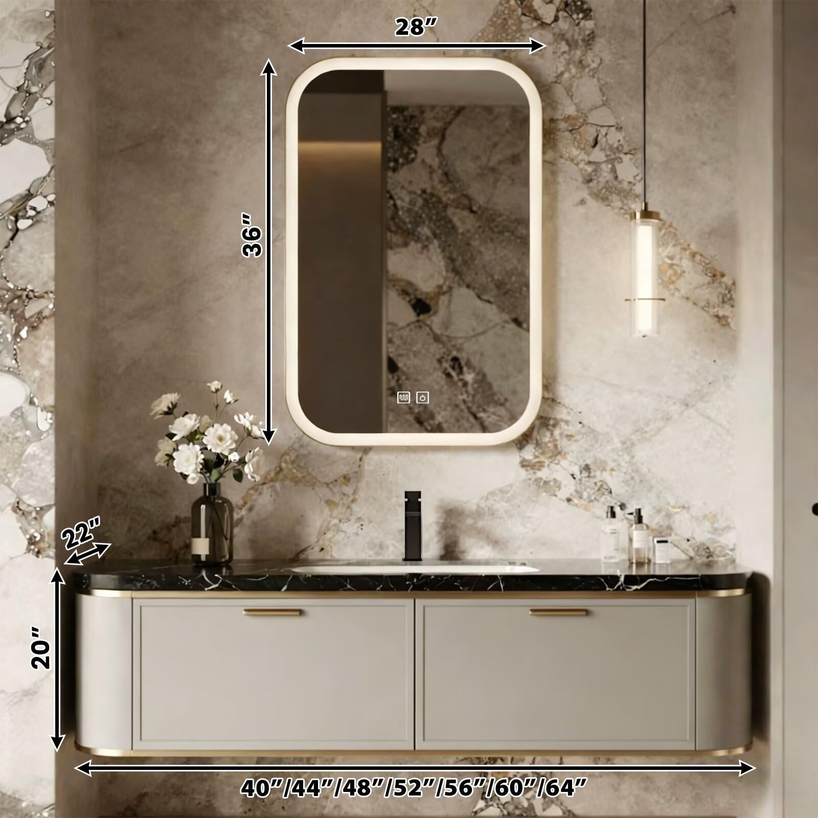 40”-64”LED Bathroom Mirror Cabinet, Lighted Vanity Mirror with Touch Control, Wall Mounted Makeup Mirror