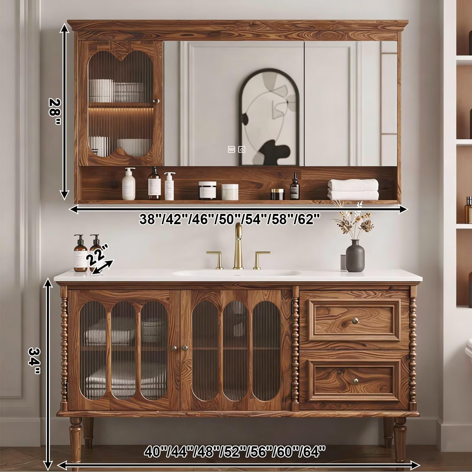 40”-64”Freestanding Bathroom Vanity with Mirror Cabinet, Solid Wood Vintage Vanity with Glass Doors & Storage Drawers