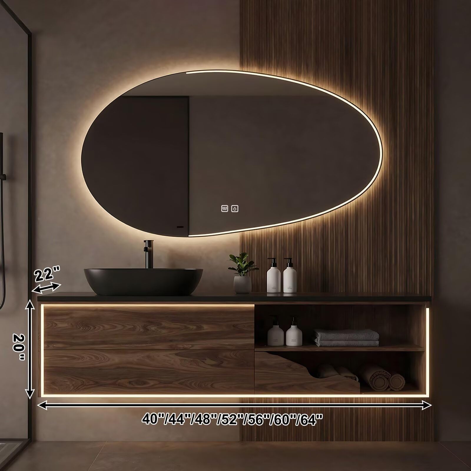 40”-64”Single Sink Floating Bathroom Vanity, Irregular LED Mirror & Walnut Cabinet