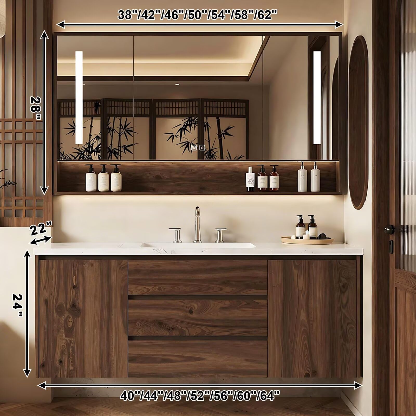 40”-64”Single Sink Floating Bathroom Vanity, Walnut Cabinet with LED Mirror & Open Shelf