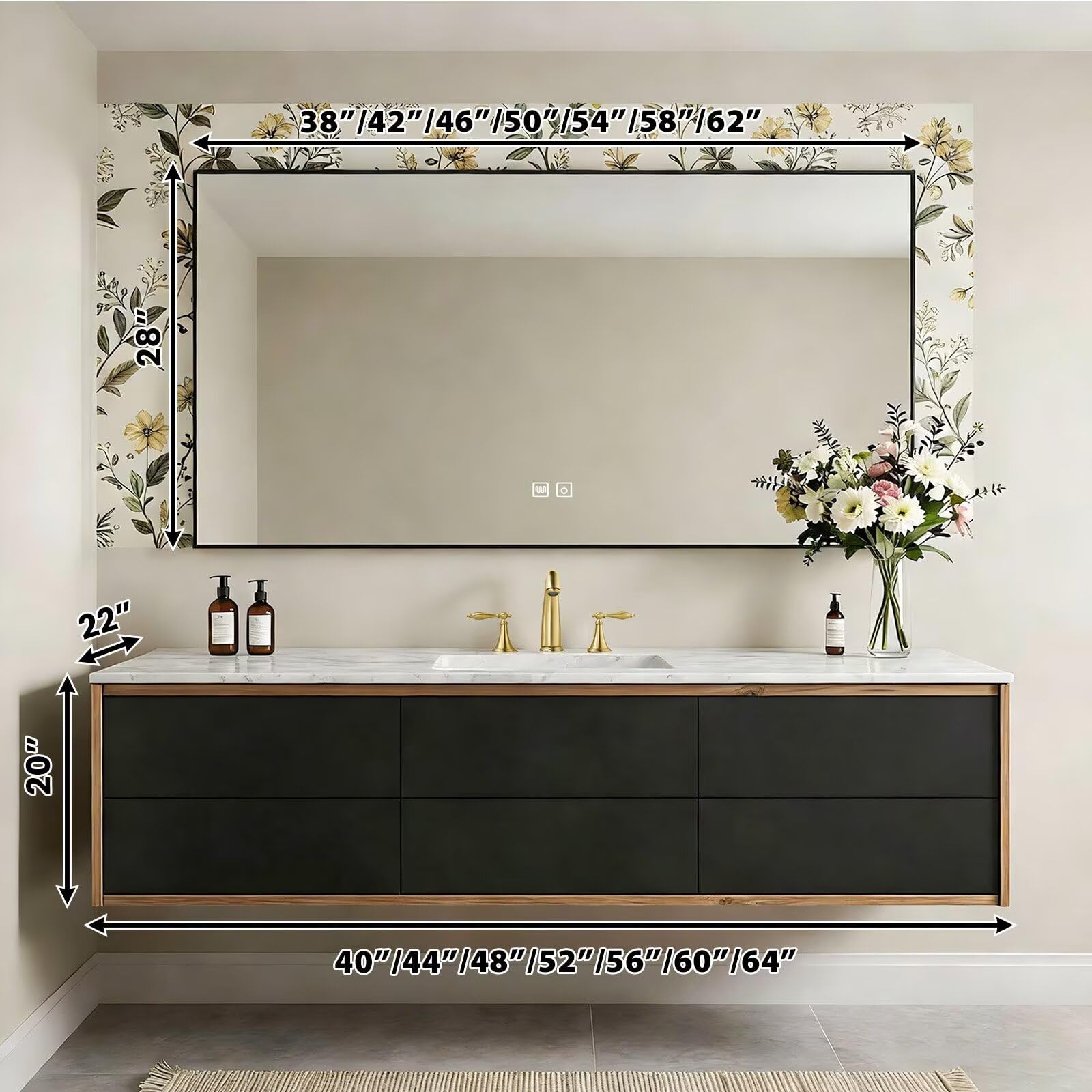 40”-64”Double Sink Floating Bathroom Vanity, Light Oak Wall Mounted Vanity with White Marble Top & Gold Hardware