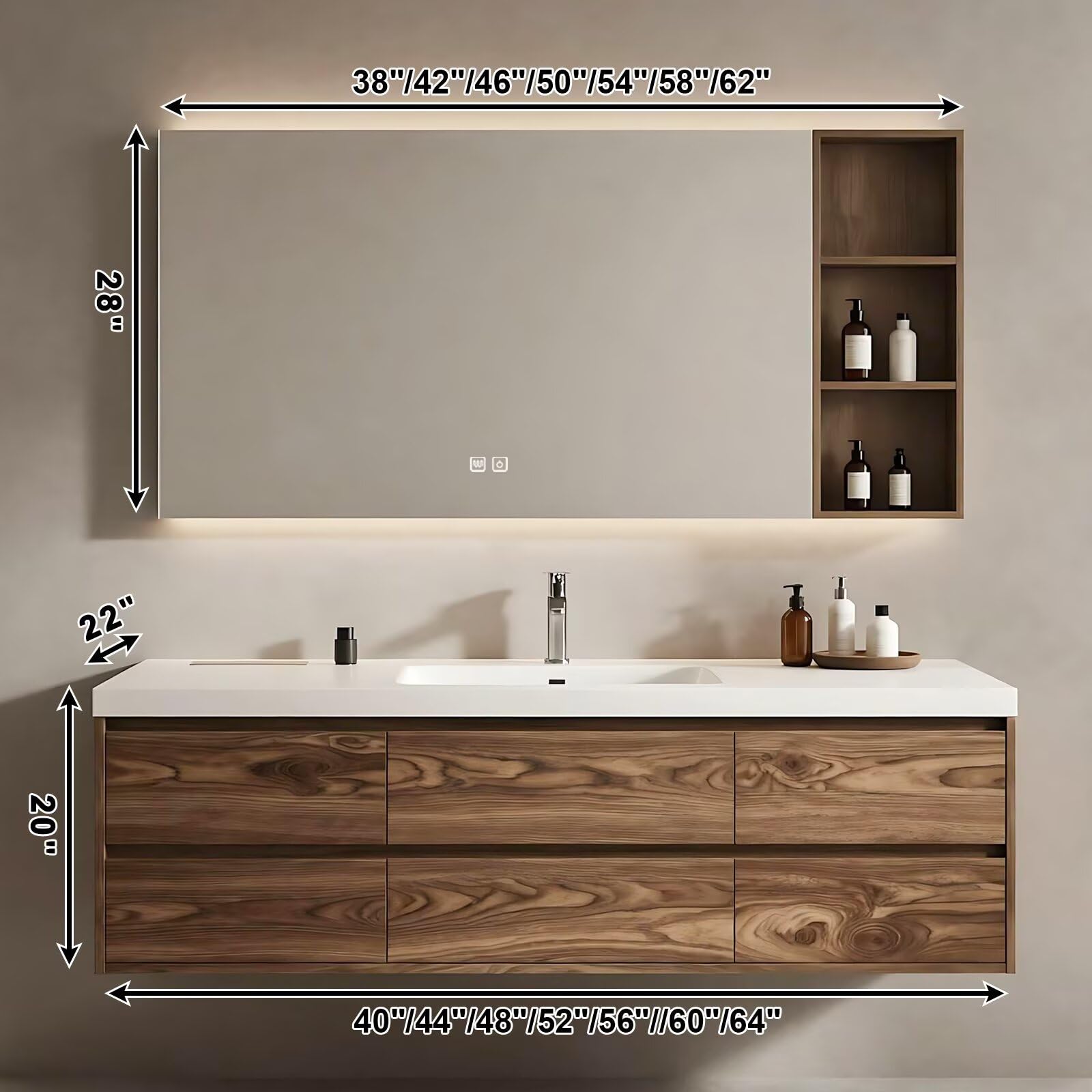 40”-64” Floating Double Sink Bathroom Vanity with LED Defog Mirror, Wall Mounted Wood Vanity Combo with Storage Drawers & Open Shelf