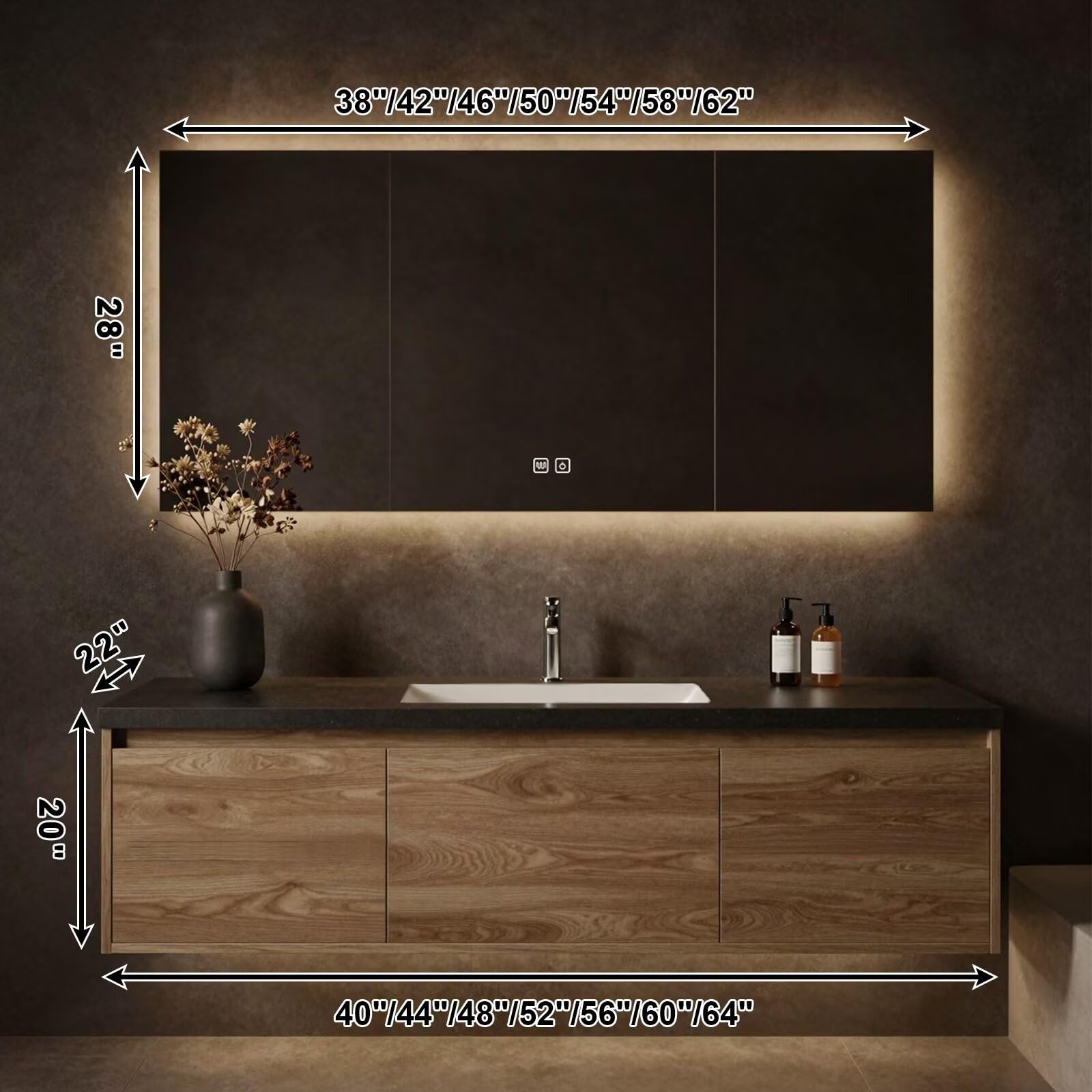 40”-64”Modern Bathroom Vanity - Brass Hardware, White Stone Top & Sleek Floating Design for Premium Bathroom Interiors