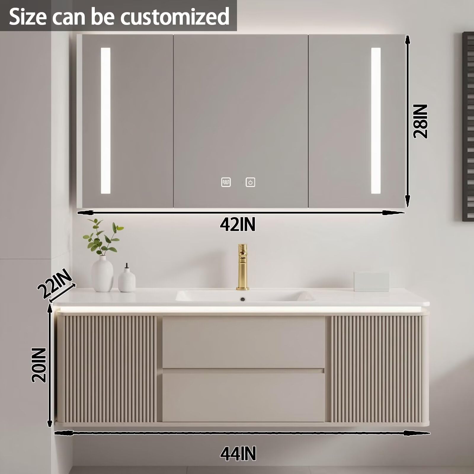 40"-64"Modern Cream Bathroom Vanity with Ribbed Front & Integrated Sink, LED Lighting
