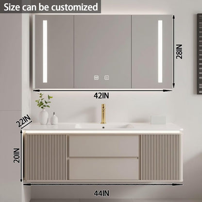 40"-64"Modern Cream Bathroom Vanity with Ribbed Front & Integrated Sink, LED Lighting