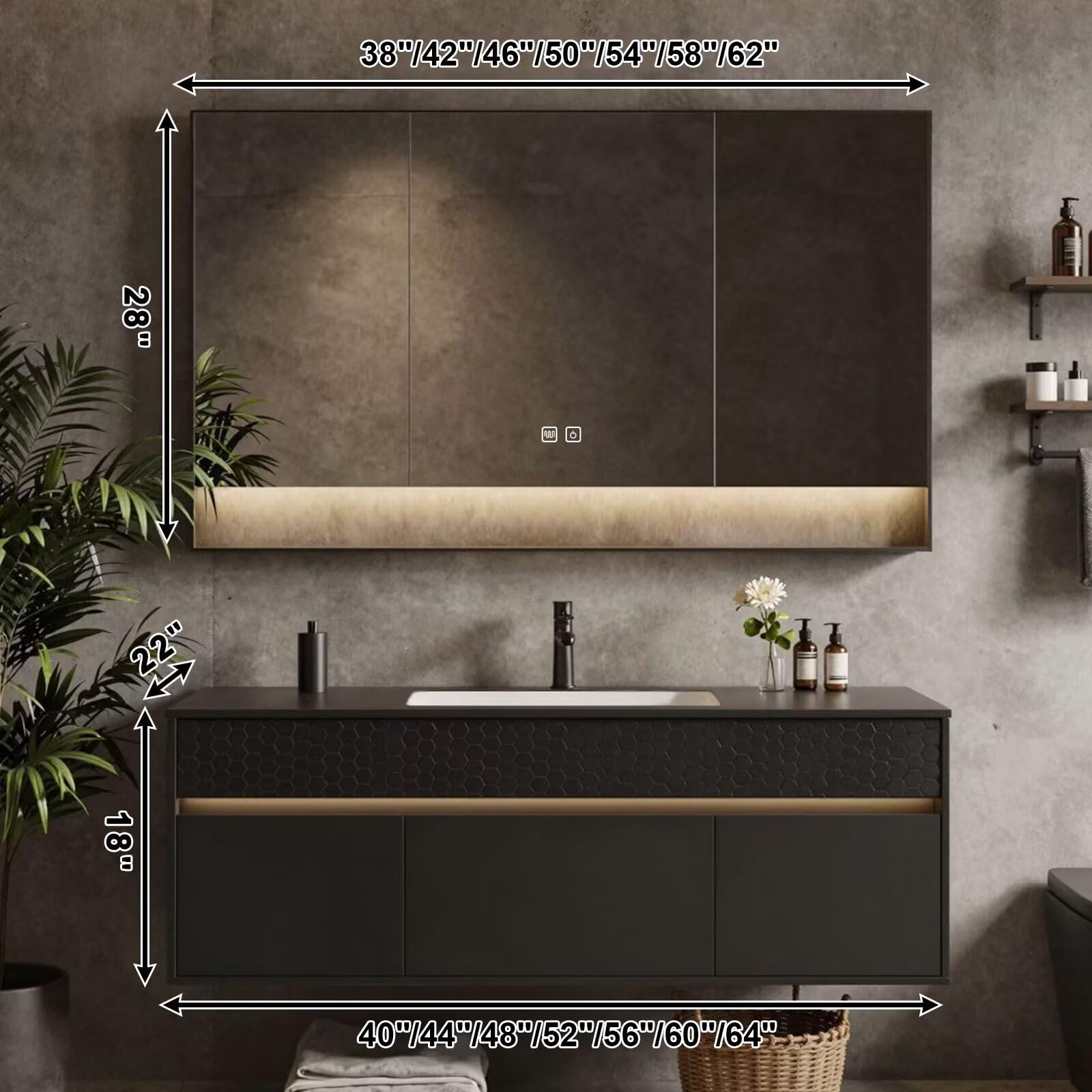 40”-64”Double Vanity, Black Floating Cabinet with LED Mirror Cabinet & Open Shelf