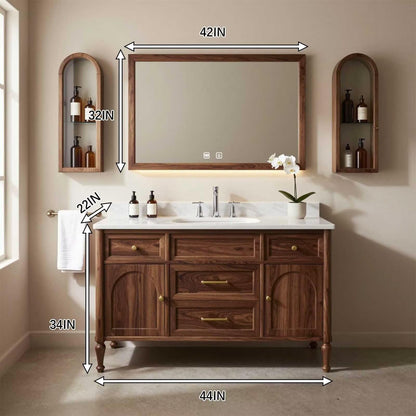 36"-64"Walnut Single Bathroom Vanity with Marble Countertop & LED Backlit Mirror