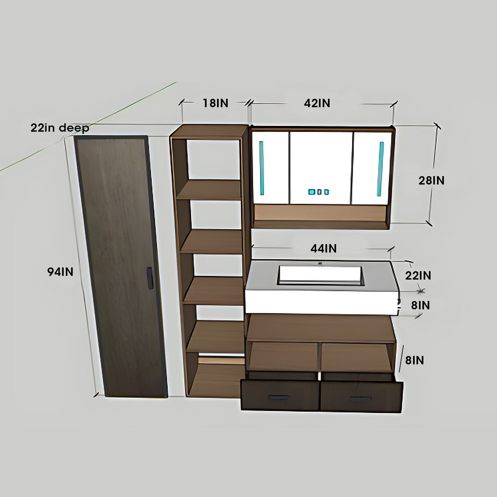 Open Storage Bathroom Vanity: 36"- 78" with LED Mirror Cabinet & Sink ...