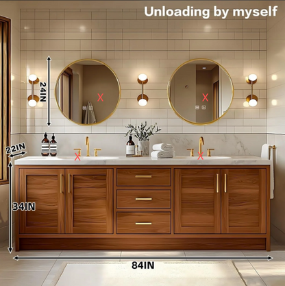 68” - 96” Wood Grain Bathroom Vanity with Exquisite Handle and Round Mirror