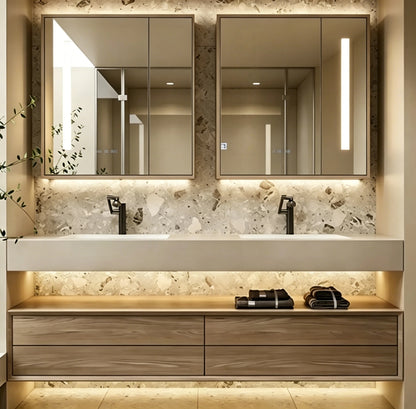 52"- 78" Double Basin Bathroom Vanity Set with 4 Drawers & Open Storage & LED Defogging Mirror Cabinet
