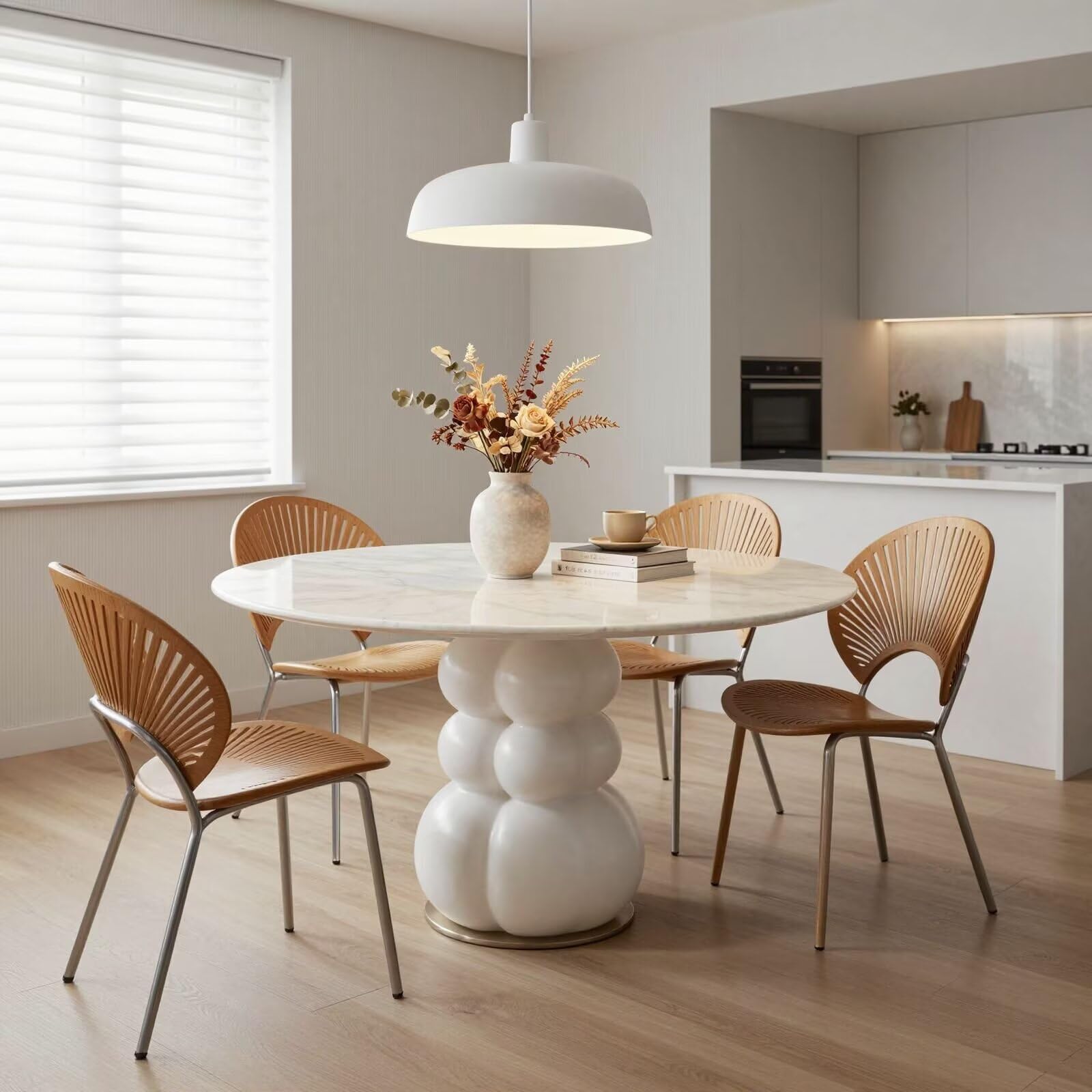 47“-59”Modern Round Dining Table, White Marble Top with Sculptural Bubble-Shaped Base