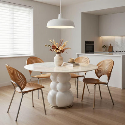 47“-59”Modern Round Dining Table, White Marble Top with Sculptural Bubble-Shaped Base