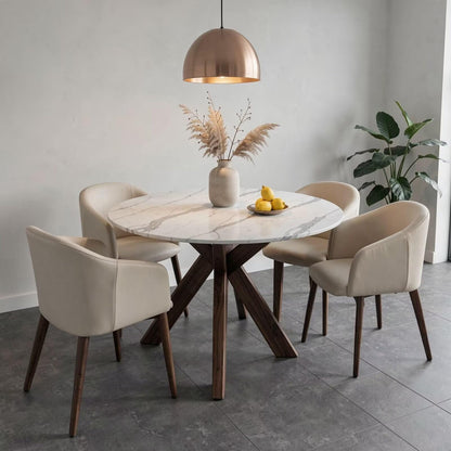 47"-59"Elegant Mid-Century Dining Table, Round White Marble Top with Sturdy Wood Legs