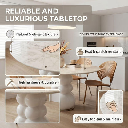 47“-59”Modern Round Dining Table, White Marble Top with Sculptural Bubble-Shaped Base