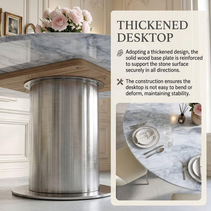 41"-59"Modern Round Dining Table, White Marble Top with Stainless Steel Pedestal Base for 4-6