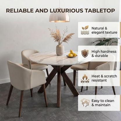 47"-59"Elegant Mid-Century Dining Table, Round White Marble Top with Sturdy Wood Legs