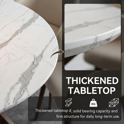 47"-59"Elegant Mid-Century Dining Table, Round White Marble Top with Sturdy Wood Legs