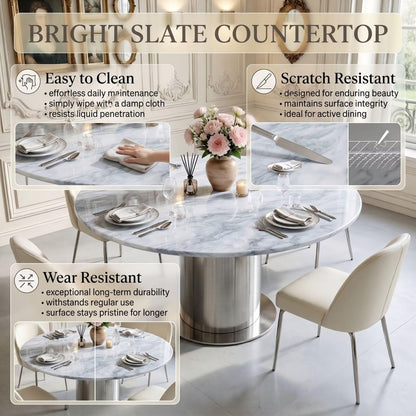 41"-59"Modern Round Dining Table, White Marble Top with Stainless Steel Pedestal Base for 4-6