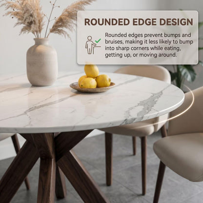 47"-59"Elegant Mid-Century Dining Table, Round White Marble Top with Sturdy Wood Legs