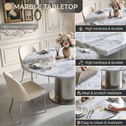 41"-59"Modern Round Dining Table, White Marble Top with Stainless Steel Pedestal Base for 4-6