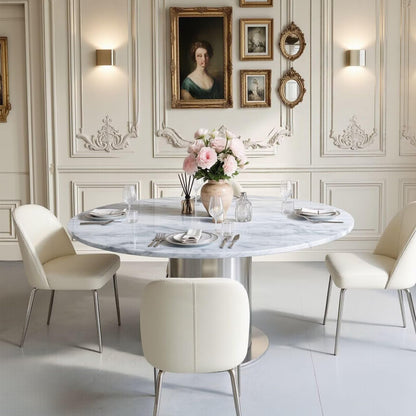 41"-59"Modern Round Dining Table, White Marble Top with Stainless Steel Pedestal Base for 4-6