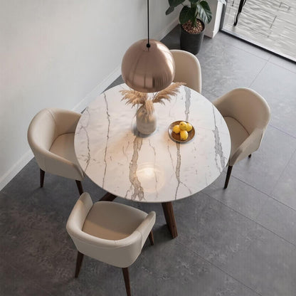 47"-59"Elegant Mid-Century Dining Table, Round White Marble Top with Sturdy Wood Legs