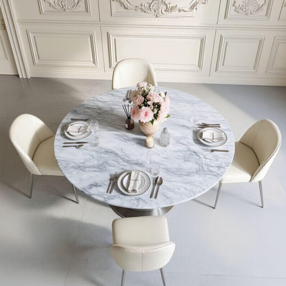 41"-59"Modern Round Dining Table, White Marble Top with Stainless Steel Pedestal Base for 4-6
