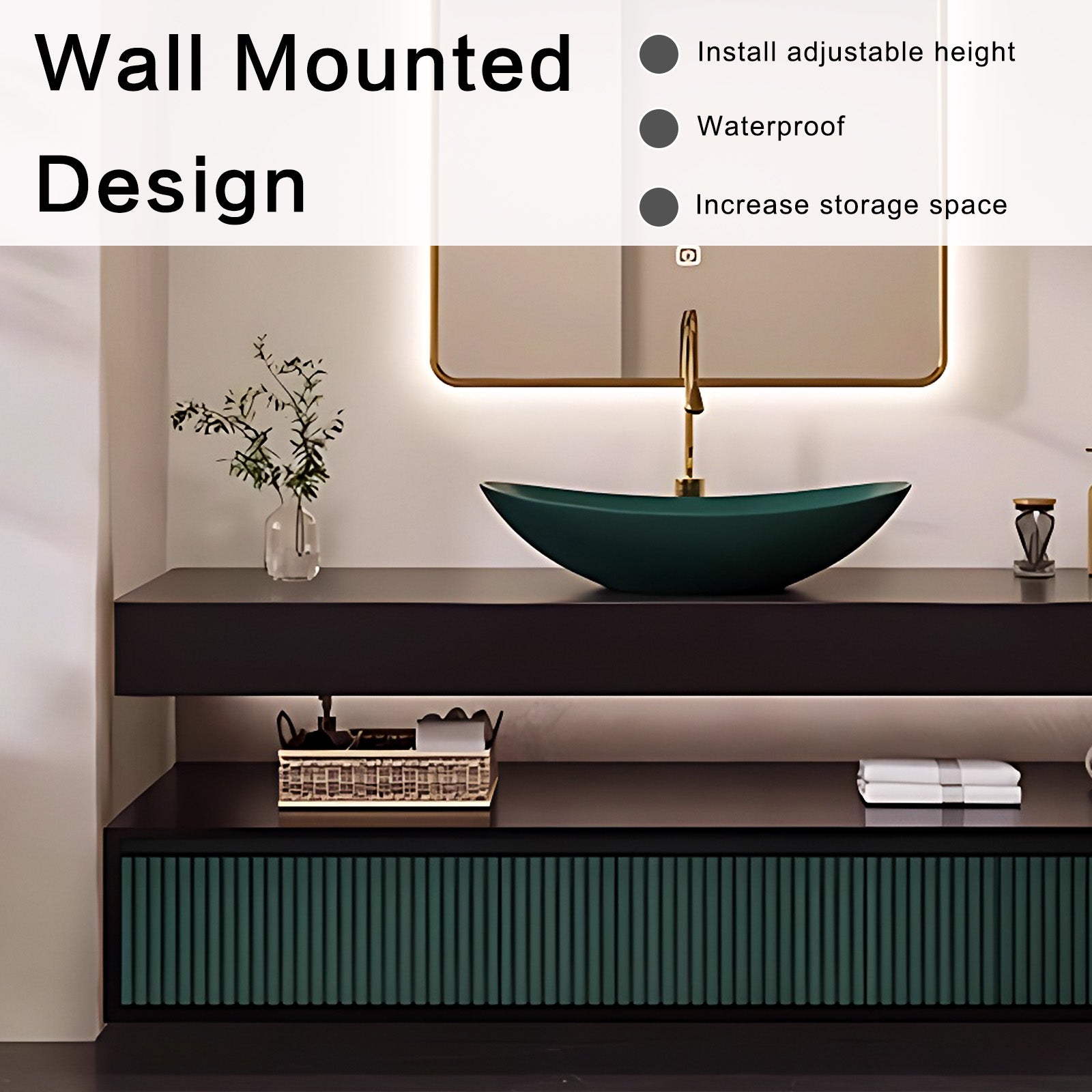 48"- 68" Wall Mounted Bathroom Vanity Set with Single Green Sink And Oval Mirror