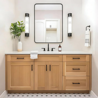 48”-64”Single Sink Freestanding Bathroom Vanity, Light Oak Shaker Cabinet with Black Hardware