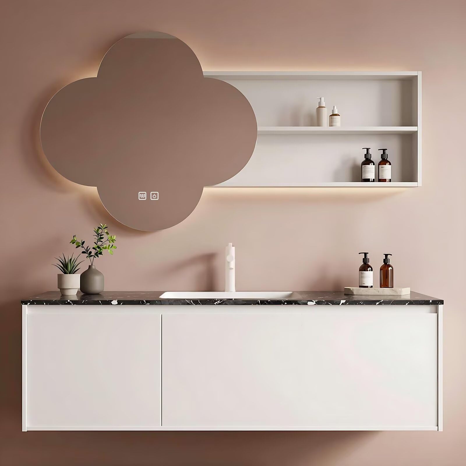 48”-64”Clover Shaped LED Bathroom Mirror with Shelves, Wall Mounted Vanity Mirror with Storage, Modern Lighted Mirror