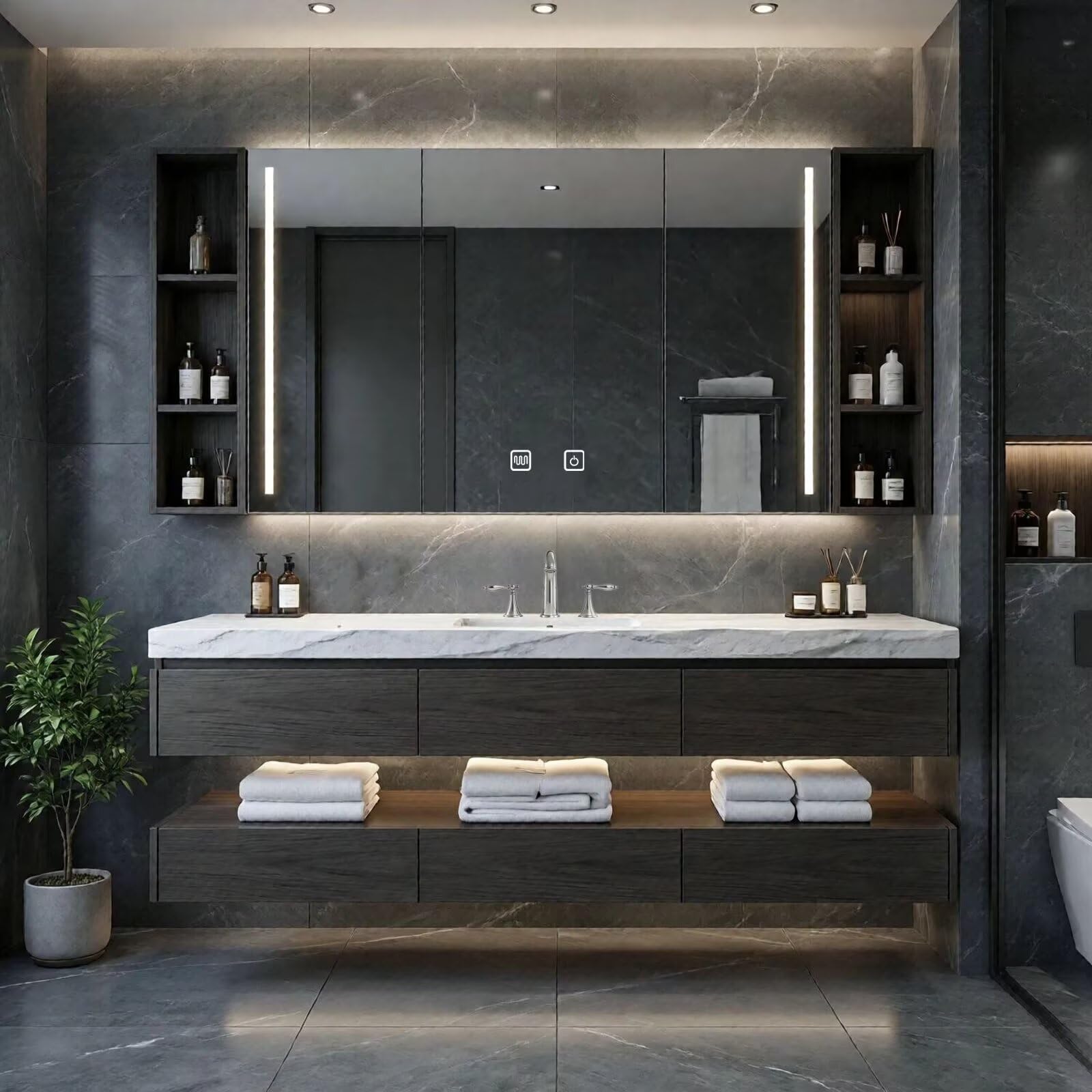 48"-64"Floating Dark Wood Bathroom Vanity with Marble Top & LED Medicine Cabinet