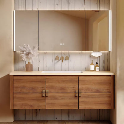 40”-64”Single Sink Floating Bathroom Vanity with LED Backlit Mirror, Light Oak Wood Cabinet