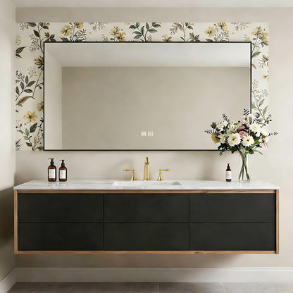 40”-64”Double Sink Floating Bathroom Vanity, Light Oak Wall Mounted Vanity with White Marble Top & Gold Hardware