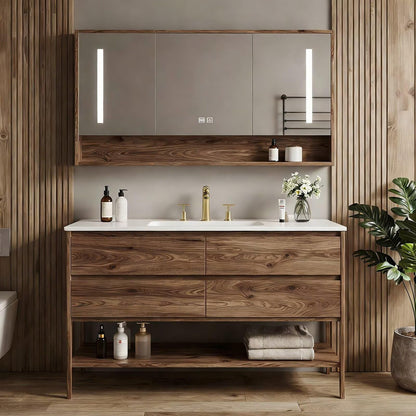 40”-64”Freestanding Bathroom Vanity with LED Mirror Cabinet, Walnut Wood Vanity with White Top & Open Storage Shelf