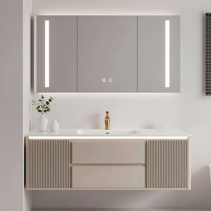40”-64”Floating Bathroom Vanity with LED Mirror Cabinet, Fluted Light Gray Wall Mounted Vanity with White Top & Gold Hardware