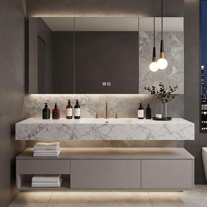 40”-64”Modern Floating Bathroom Vanity w/LED Light Mirror & Marble Pattern Top, Wall Mounted Double Sink Vanity Combo with Storage Drawers