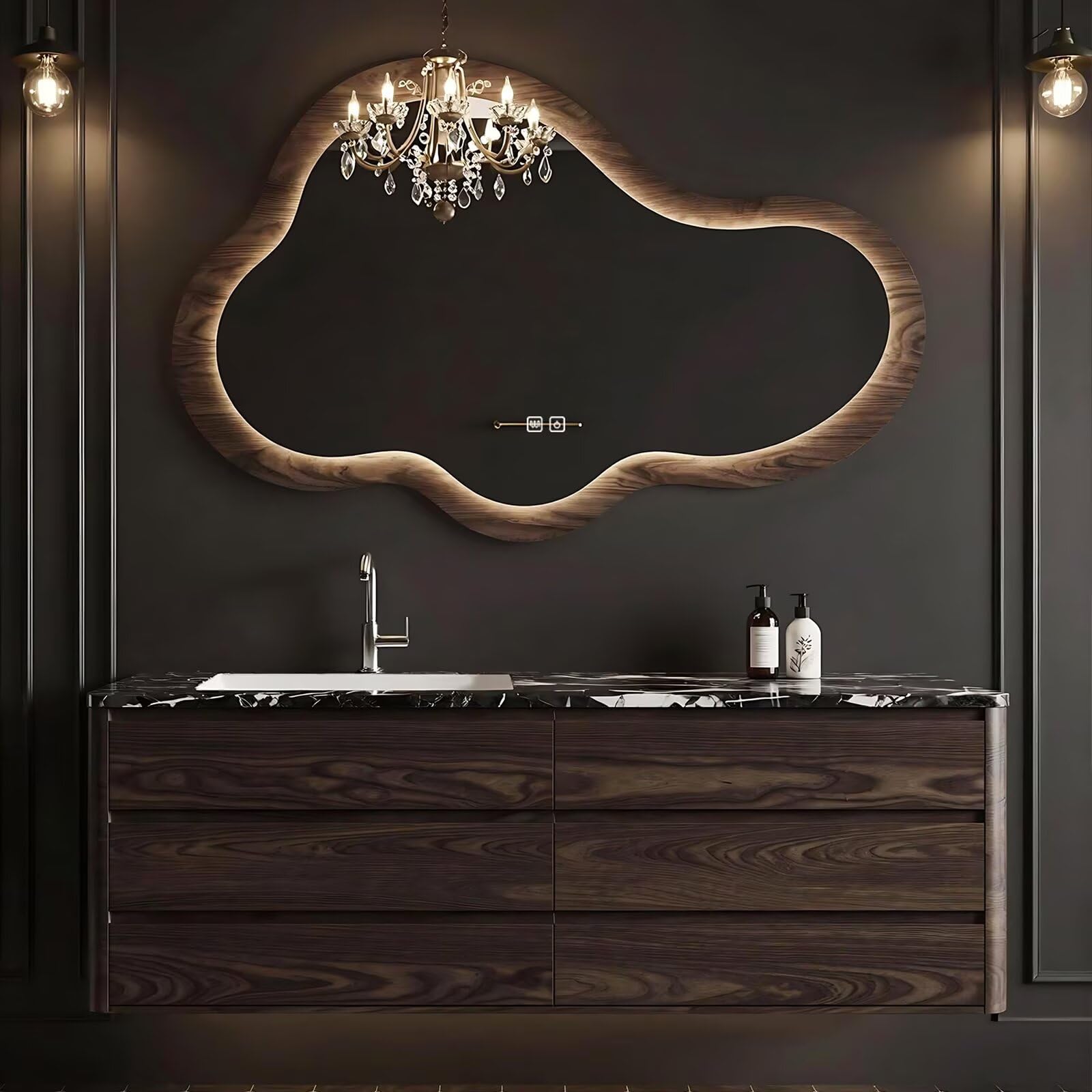 48”-72”Irregular Cloud LED Mirror with Wood Frame, Wall Mounted Lighted Vanity Mirror for Bathroom, Dimmable