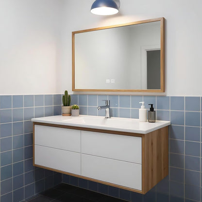 40”-64”Single Sink Floating Bathroom Vanity, Two-Tone White & Oak Cabinet with LED Mirror