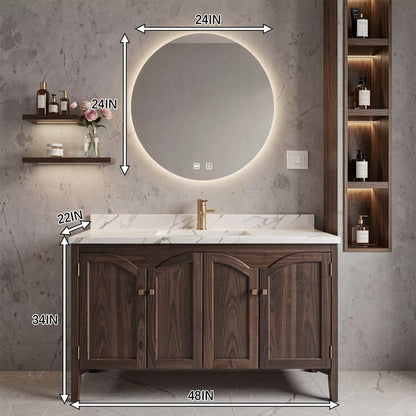 36”-58” Modern Dark Wood Vanity with Sink, Arched Doors & LED Smart Round Mirror