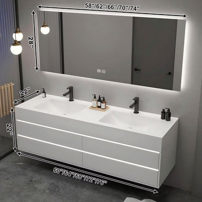 40”-64” Double Sink Floating Bathroom Vanity with LED Backlit Mirror, Wall Mounted White Vanity with Storage Drawers