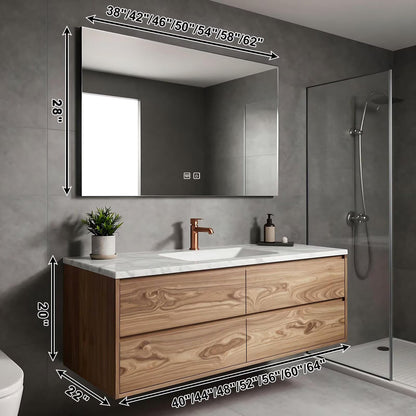 40”-64”Single Sink Floating Bathroom Vanity, Walnut Wood Cabinet with Marble Top & LED Mirror
