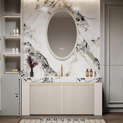 40”-64” Fluted Vanity, White Modern Cabinet with Marble Top & Oval LED Mirror