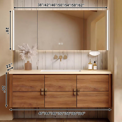 40”-64”Single Sink Floating Bathroom Vanity with LED Backlit Mirror, Light Oak Wood Cabinet