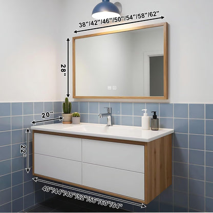 40”-64”Single Sink Floating Bathroom Vanity, Two-Tone White & Oak Cabinet with LED Mirror
