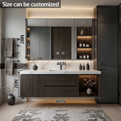 40”-64”Single Sink Floating Bathroom Vanity with LED Mirror Cabinet, Dark Walnut Wood Cabinet