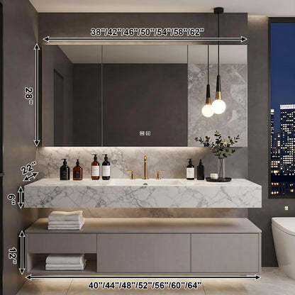 40”-64”Modern Floating Bathroom Vanity w/LED Light Mirror & Marble Pattern Top, Wall Mounted Double Sink Vanity Combo with Storage Drawers