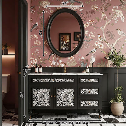 40”-64”Freestanding Bathroom Vanity with Oval Black Mirror, Black Wood Vanity with Marble Top & Floral Inlay