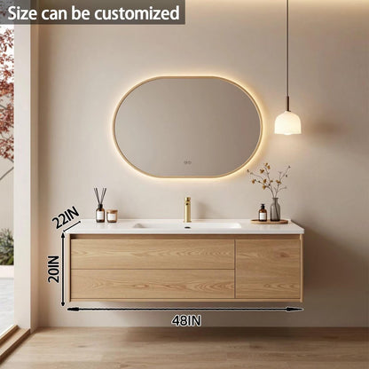 40”-64”Double Sink Floating Vanity with LED Oval Mirror,Light Wood Cabinet